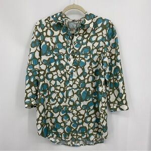 Angel Schlesser Womens Satin Button popover Top Blouse blue White Green EU 40